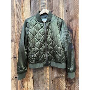 Quilted Bomber Jacket Womens M/L Olive Green Zip Military Utility Streetwear
